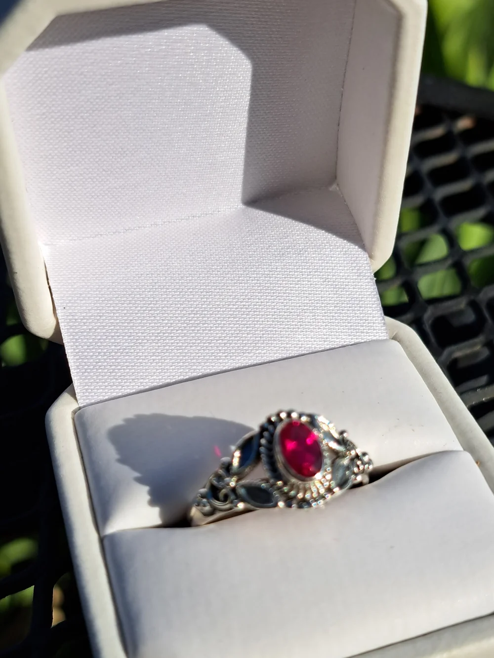 Sterling Silver Rubellite Gemstone Ring - Elegant Floral Design Sz 7 - Picture 2 of 5